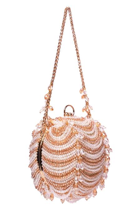 House Of Kosha_Gold Crystals, Beads Georgette Embellished Round Bag _Online_at_Aza_Fashions