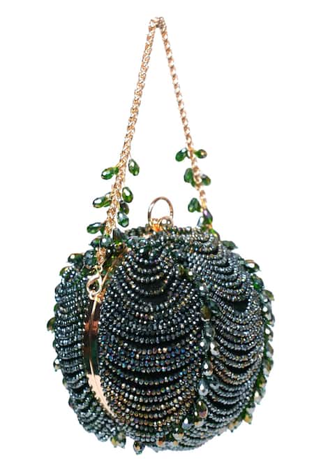 House Of Kosha_Green Beads, Crystals Embellished Round Suede Clutch Bag _Online_at_Aza_Fashions
