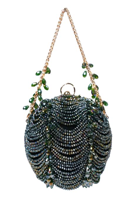 Buy_House Of Kosha_Green Beads, Crystals Embellished Round Suede Clutch Bag _Online_at_Aza_Fashions