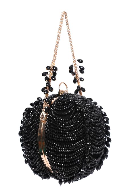 House Of Kosha Black Suede Embellished Round Clutch 