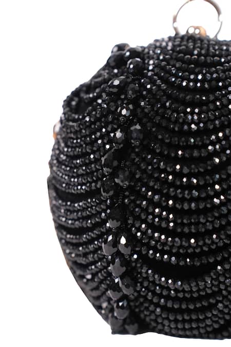 Buy_House Of Kosha_Black Crystals, Beads, Embroidery Suede Embellished Round Clutch _Online_at_Aza_Fashions