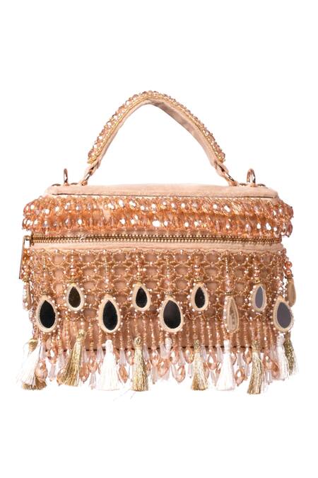 Shop_House Of Kosha_Gold Mirrors, Crystals Mirrorwork Vanity Bag _Online_at_Aza_Fashions
