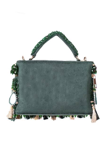 House Of Kosha_Green Mirrors, Crystals Mirrorwork Vanity Bag _Online_at_Aza_Fashions