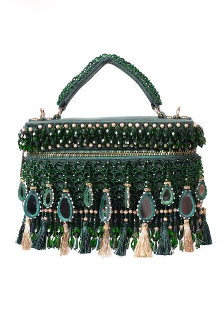 Buy_House Of Kosha_Green Mirrors, Crystals Mirrorwork Vanity Bag _Online_at_Aza_Fashions
