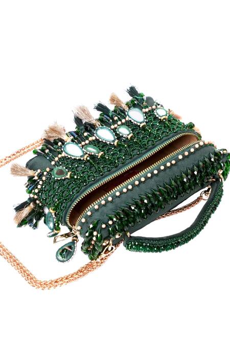 Shop_House Of Kosha_Green Mirrors, Crystals Mirrorwork Vanity Bag _Online_at_Aza_Fashions