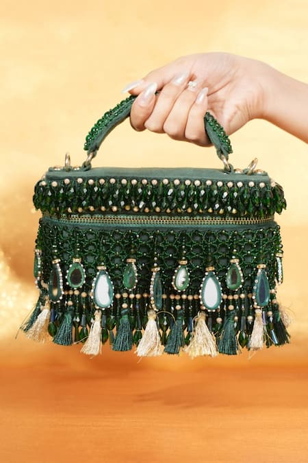 House Of Kosha Green Mirrorwork Vanity Bag 