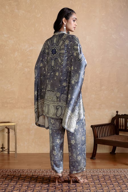 Shop Ritu Kumar Gray Silk, Viscose Embroidery High Neck Designer Kurta And Pant Set at Aza Fashions Shop_Ritu Kumar_Gray Silk, Viscose Embroidery High Neck Designer Kurta And Pant Set_at_Aza_Fashions