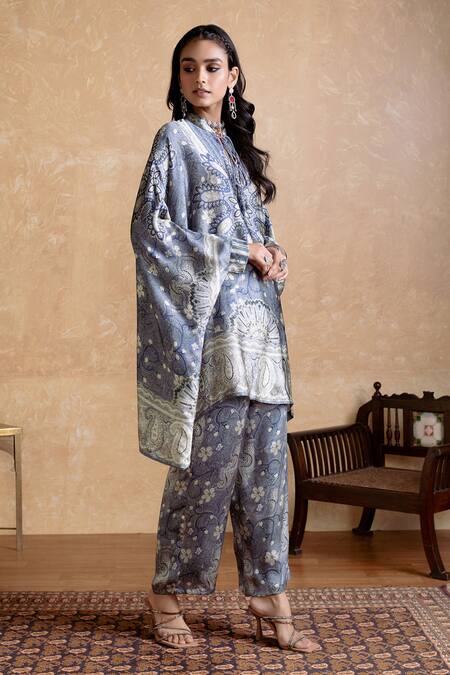 Ritu Kumar Gray Silk, Viscose Embroidery High Neck Designer Kurta And Pant Set Online at Aza Fashions Ritu Kumar_Gray Silk, Viscose Embroidery High Neck Designer Kurta And Pant Set_Online_at_Aza_Fashions