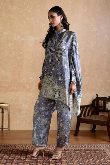 Buy Ritu Kumar Gray Silk, Viscose Embroidery High Neck Designer Kurta And Pant Set Online at Aza Fashions Buy_Ritu Kumar_Gray Silk, Viscose Embroidery High Neck Designer Kurta And Pant Set_Online_at_Aza_Fashions