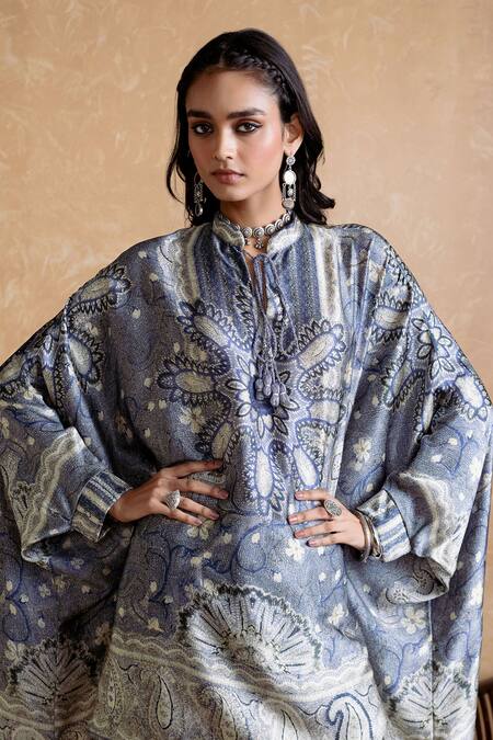 Shop Ritu Kumar Gray Silk, Viscose Embroidery High Neck Designer Kurta And Pant Set Online at Aza Fashions Shop_Ritu Kumar_Gray Silk, Viscose Embroidery High Neck Designer Kurta And Pant Set_Online_at_Aza_Fashions