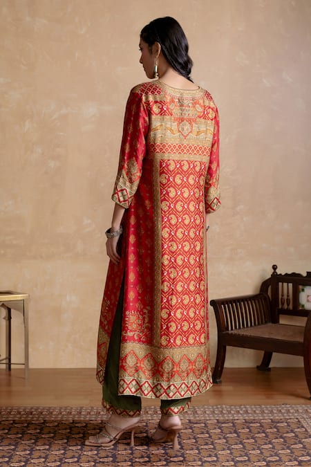 Shop Ritu Kumar Red Silk, Viscose Embroidery Split V-neck Printed Kurta Set at Aza Fashions Shop_Ritu Kumar_Red Silk, Viscose Embroidery Split V-neck Printed Kurta Set _at_Aza_Fashions
