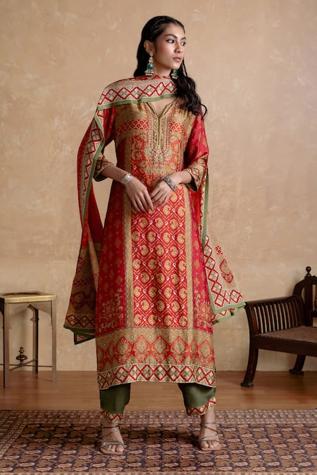 Ritu Kumar Red Silk Printed Kurta Set 