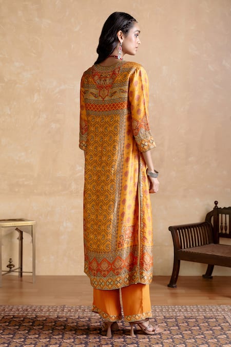 Shop Ritu Kumar Yellow Silk, Viscose Embroidery Round Neck Multi Designer Kurta Set at Aza Fashions Shop_Ritu Kumar_Yellow Silk, Viscose Embroidery Round Neck Multi Designer Kurta Set _at_Aza_Fashions