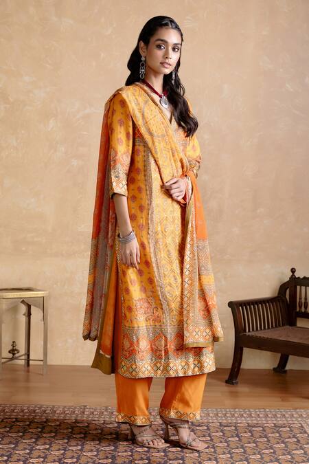 Ritu Kumar Yellow Silk, Viscose Embroidery Round Neck Multi Designer Kurta Set Online at Aza Fashions Ritu Kumar_Yellow Silk, Viscose Embroidery Round Neck Multi Designer Kurta Set _Online_at_Aza_Fashions