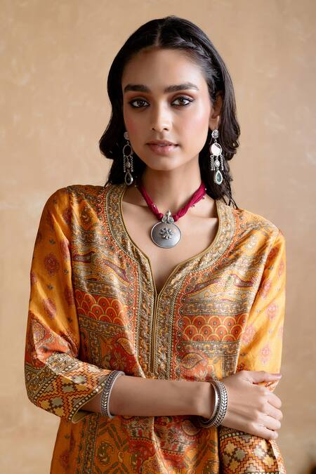 Buy Ritu Kumar Yellow Silk, Viscose Embroidery Round Neck Multi Designer Kurta Set Online at Aza Fashions Buy_Ritu Kumar_Yellow Silk, Viscose Embroidery Round Neck Multi Designer Kurta Set _Online_at_Aza_Fashions