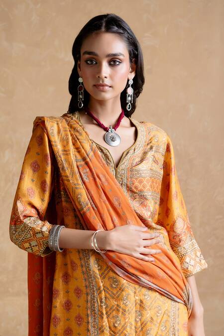 Shop Ritu Kumar Yellow Silk, Viscose Embroidery Round Neck Multi Designer Kurta Set Online at Aza Fashions Shop_Ritu Kumar_Yellow Silk, Viscose Embroidery Round Neck Multi Designer Kurta Set _Online_at_Aza_Fashions