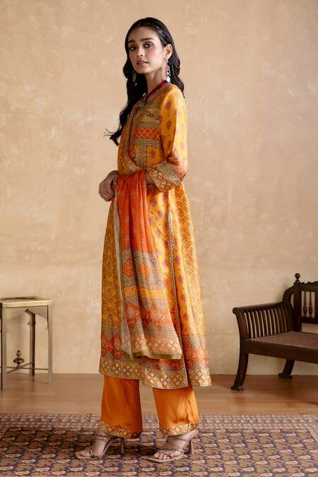 Ritu Kumar Yellow Silk, Viscose Embroidery Round Neck Multi Designer Kurta Set at Aza Fashions Ritu Kumar_Yellow Silk, Viscose Embroidery Round Neck Multi Designer Kurta Set _at_Aza_Fashions