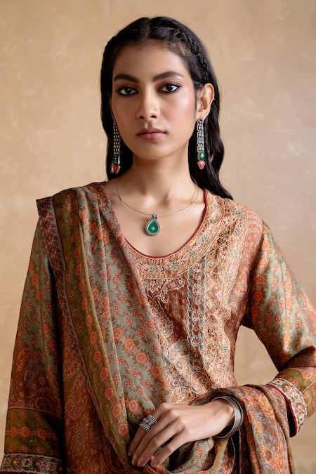Ritu Kumar Brown Silk, Cotton, Viscose Embroidery Round Neck Kurta Set Online at Aza Fashions Ritu Kumar_Brown Silk, Cotton, Viscose Embroidery Round Neck Kurta Set _Online_at_Aza_Fashions