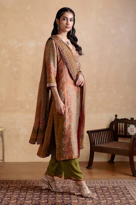 Buy Ritu Kumar Brown Silk, Cotton, Viscose Embroidery Round Neck Kurta Set Online at Aza Fashions Buy_Ritu Kumar_Brown Silk, Cotton, Viscose Embroidery Round Neck Kurta Set _Online_at_Aza_Fashions