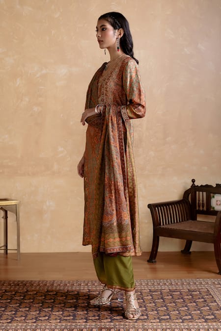 Shop Ritu Kumar Brown Silk, Cotton, Viscose Embroidery Round Neck Kurta Set Online at Aza Fashions Shop_Ritu Kumar_Brown Silk, Cotton, Viscose Embroidery Round Neck Kurta Set _Online_at_Aza_Fashions