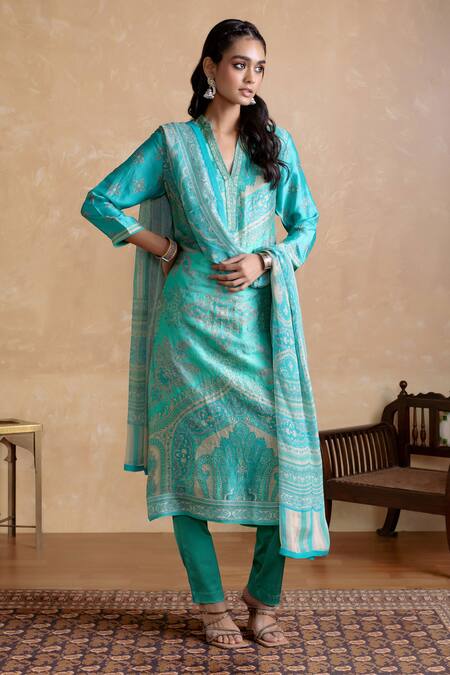Buy_Ritu Kumar_Turquoise Silk, Viscose Embroidery Split V-neck Designer Kurta Set _Online_at_Aza_Fashions