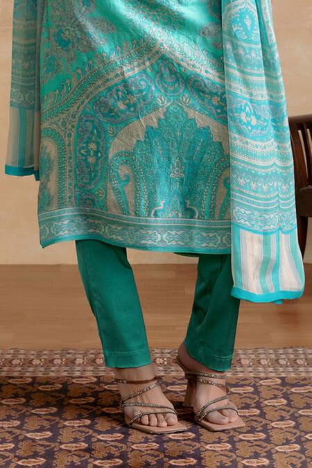 Shop_Ritu Kumar_Turquoise Silk, Viscose Embroidery Split V-neck Designer Kurta Set _Online_at_Aza_Fashions