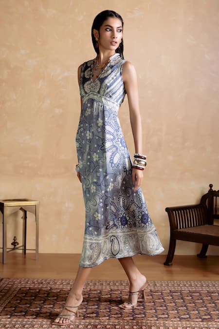 Ritu Kumar Gray Viscose Beads V-neck Designer Floral Pattern Dress Online at Aza Fashions Ritu Kumar_Gray Viscose Beads V-neck Designer Floral Pattern Dress_Online_at_Aza_Fashions