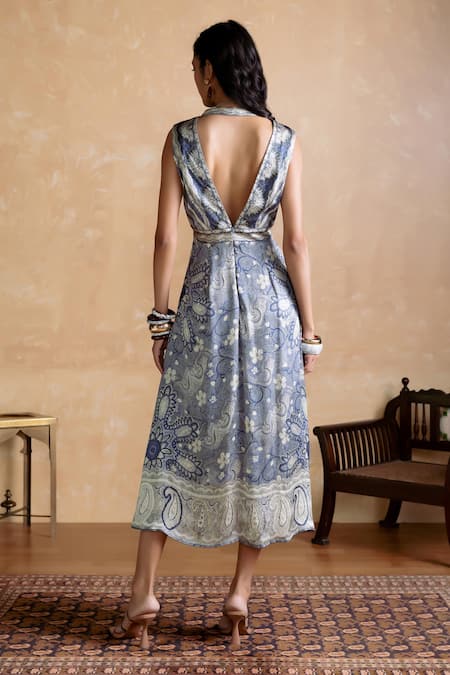 Shop Ritu Kumar Gray Viscose Beads V-neck Designer Floral Pattern Dress at Aza Fashions Shop_Ritu Kumar_Gray Viscose Beads V-neck Designer Floral Pattern Dress_at_Aza_Fashions