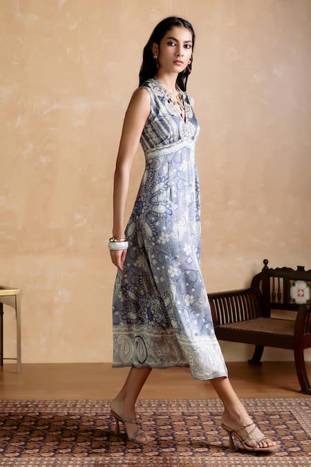 Buy Ritu Kumar Gray Viscose Beads V-neck Designer Floral Pattern Dress Online at Aza Fashions Buy_Ritu Kumar_Gray Viscose Beads V-neck Designer Floral Pattern Dress_Online_at_Aza_Fashions