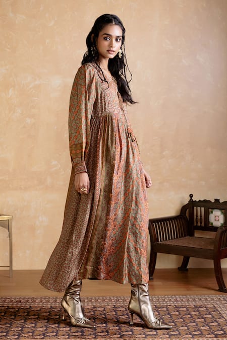 Buy_Ritu Kumar_Brown Viscose, Cotton Tassels Round Neck Designer Dress _Online_at_Aza_Fashions
