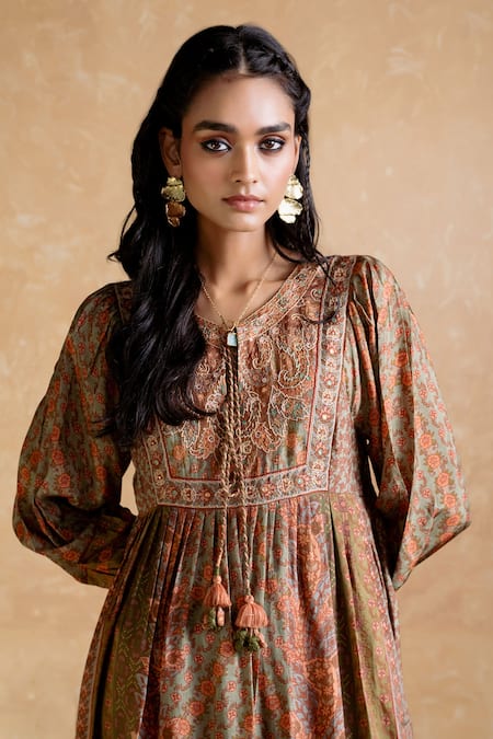 Shop_Ritu Kumar_Brown Viscose, Cotton Tassels Round Neck Designer Dress _Online_at_Aza_Fashions