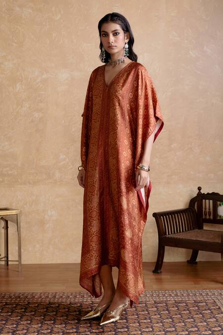 Ritu Kumar Orange Silk V-neck Kaftan Dress Online at Aza Fashions Ritu Kumar_Orange Silk V-neck Kaftan Dress _Online_at_Aza_Fashions