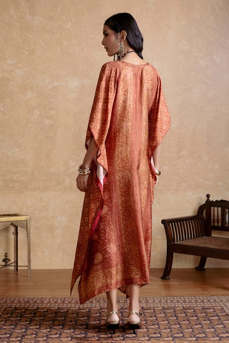 Shop Ritu Kumar Orange Silk V-neck Kaftan Dress at Aza Fashions Shop_Ritu Kumar_Orange Silk V-neck Kaftan Dress _at_Aza_Fashions