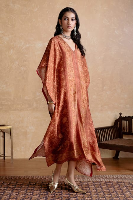 Buy Ritu Kumar Orange Silk V-neck Kaftan Dress Online at Aza Fashions Buy_Ritu Kumar_Orange Silk V-neck Kaftan Dress _Online_at_Aza_Fashions