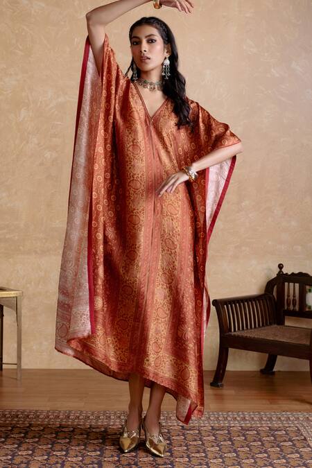 Shop Ritu Kumar Orange Silk V-neck Kaftan Dress Online at Aza Fashions Shop_Ritu Kumar_Orange Silk V-neck Kaftan Dress _Online_at_Aza_Fashions