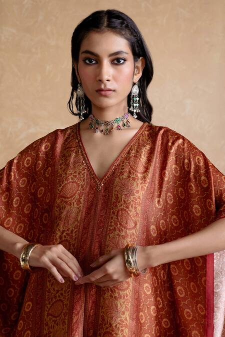 Ritu Kumar Orange Silk V-neck Kaftan Dress at Aza Fashions Ritu Kumar_Orange Silk V-neck Kaftan Dress _at_Aza_Fashions