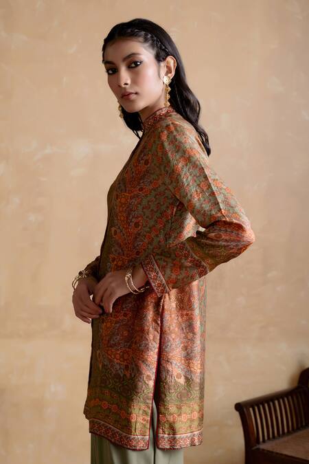 Ritu Kumar_Brown Silk Collared Designer Kurta _Online_at_Aza_Fashions