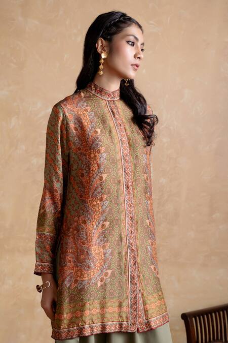 Buy_Ritu Kumar_Brown Silk Collared Designer Kurta _Online_at_Aza_Fashions
