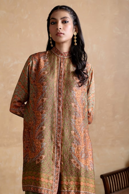 Shop_Ritu Kumar_Brown Silk Collared Designer Kurta _Online_at_Aza_Fashions