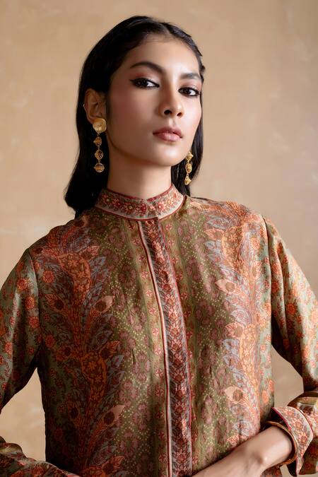 Ritu Kumar_Brown Silk Collared Designer Kurta _at_Aza_Fashions