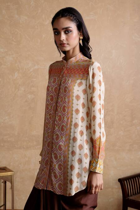 Ritu Kumar Beige Viscose Embroidery Mandarin Collar Multi Designer Kurta Online at Aza Fashions Ritu Kumar_Beige Viscose Embroidery Mandarin Collar Multi Designer Kurta _Online_at_Aza_Fashions