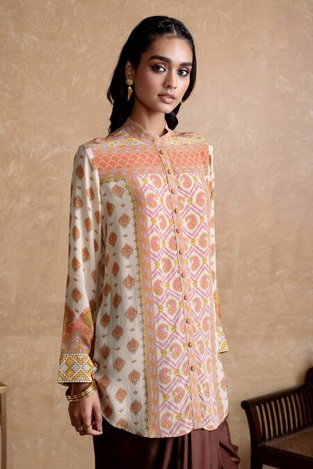 Shop Ritu Kumar Beige Viscose Embroidery Mandarin Collar Multi Designer Kurta Online at Aza Fashions Shop_Ritu Kumar_Beige Viscose Embroidery Mandarin Collar Multi Designer Kurta _Online_at_Aza_Fashions