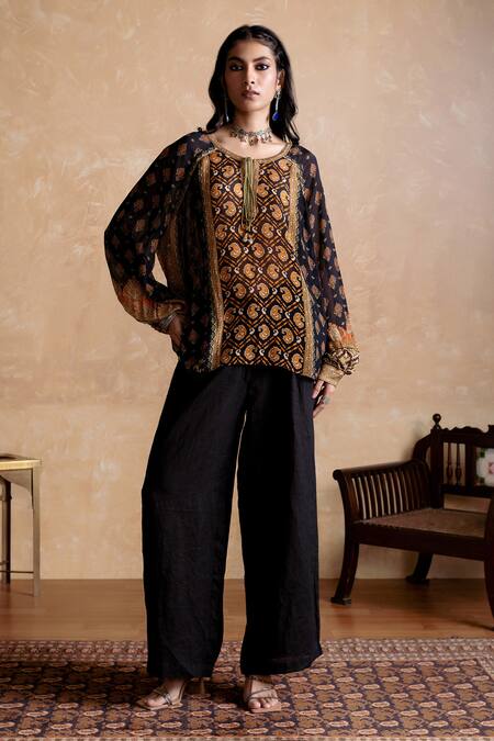 Ritu Kumar_Multi Color Viscose Embroidery Round , Keyhole Black And Printed Kurti _Online_at_Aza_Fashions