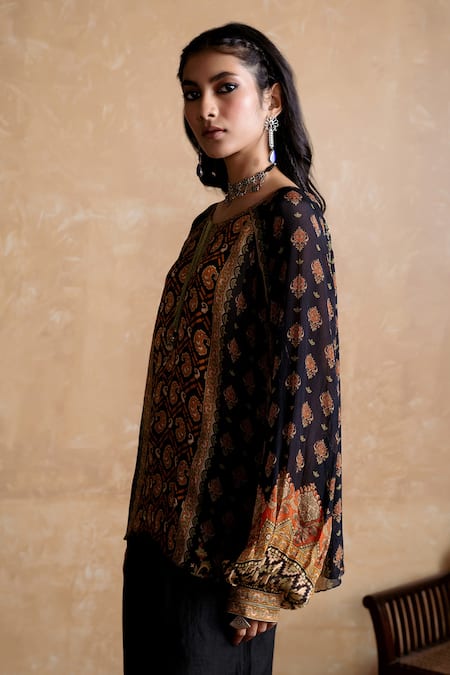 Buy_Ritu Kumar_Multi Color Viscose Embroidery Round , Keyhole Black And Printed Kurti _Online_at_Aza_Fashions