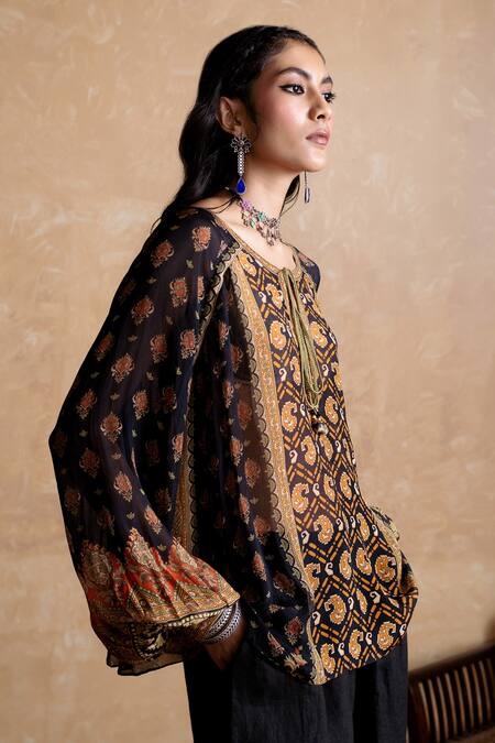 Shop_Ritu Kumar_Multi Color Viscose Embroidery Round , Keyhole Black And Printed Kurti _Online_at_Aza_Fashions