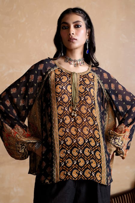 Ritu Kumar_Multi Color Viscose Embroidery Round , Keyhole Black And Printed Kurti _at_Aza_Fashions