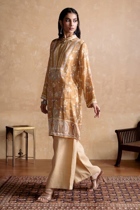 Ritu Kumar Brown Viscose Embroidery Mandarin Collar Printed Designer Kurta Online at Aza Fashions Ritu Kumar_Brown Viscose Embroidery Mandarin Collar Printed Designer Kurta _Online_at_Aza_Fashions