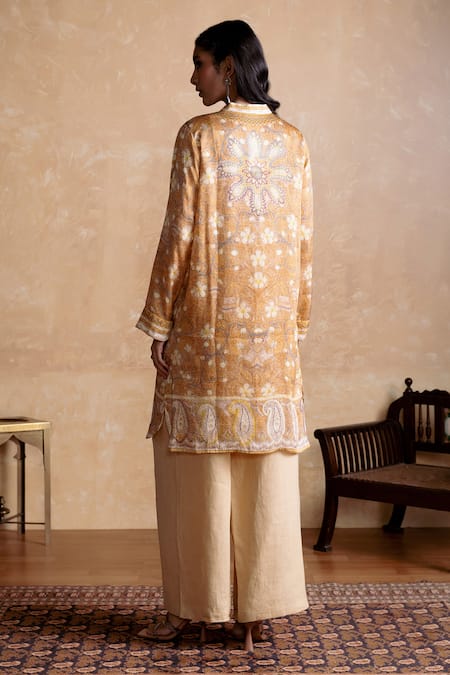 Shop Ritu Kumar Brown Viscose Embroidery Mandarin Collar Printed Designer Kurta at Aza Fashions Shop_Ritu Kumar_Brown Viscose Embroidery Mandarin Collar Printed Designer Kurta _at_Aza_Fashions