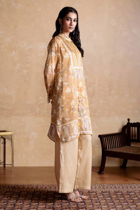 Buy Ritu Kumar Brown Viscose Embroidery Mandarin Collar Printed Designer Kurta Online at Aza Fashions Buy_Ritu Kumar_Brown Viscose Embroidery Mandarin Collar Printed Designer Kurta _Online_at_Aza_Fashions