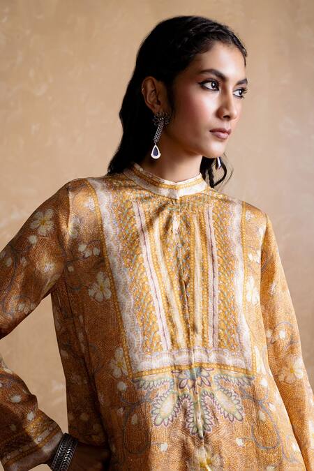 Shop Ritu Kumar Brown Viscose Embroidery Mandarin Collar Printed Designer Kurta Online at Aza Fashions Shop_Ritu Kumar_Brown Viscose Embroidery Mandarin Collar Printed Designer Kurta _Online_at_Aza_Fashions